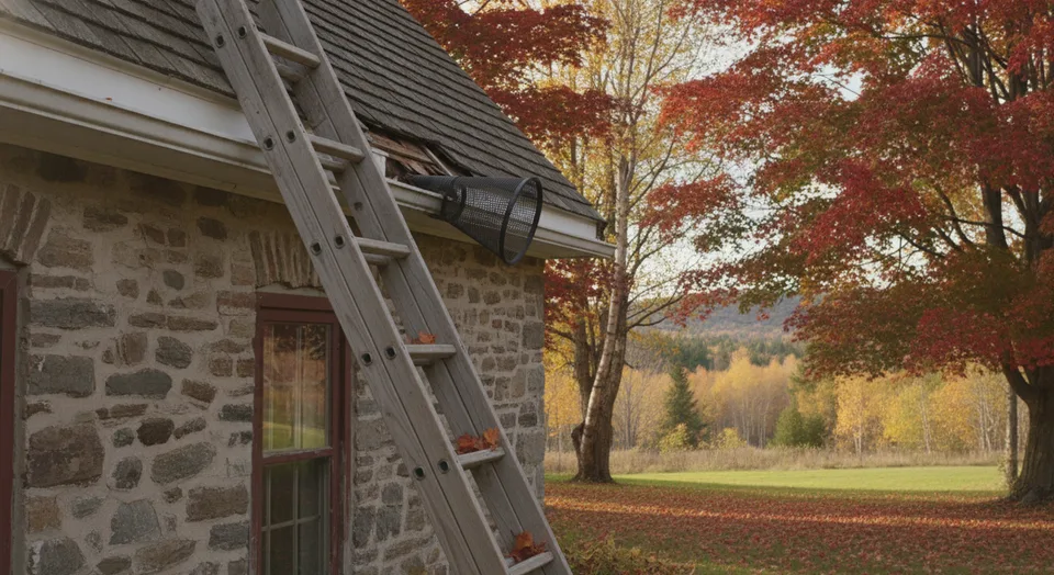 Roof edge and soffit of an older Guelph brick home with a raccoon entry point